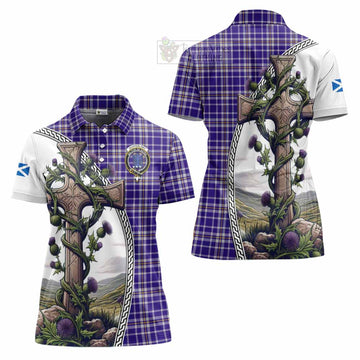 Ochterlony Tartan Women's Polo Shirt with Family Crest and St. Andrew's Cross Accented by Thistle Vines Women - Tartan Vibes Clothing