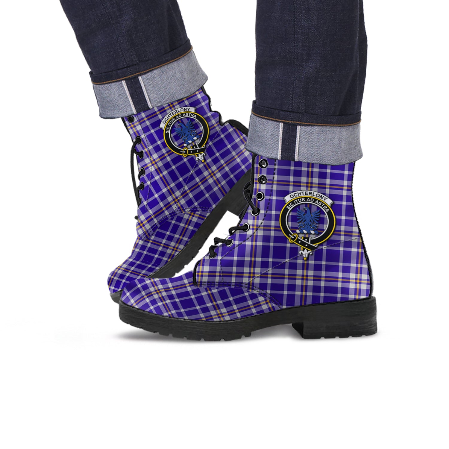 Ochterlony Tartan Leather Boots with Family Crest Men' Boots - Tartan Vibes Clothing