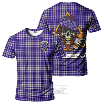 Ochterlony Tartan T-Shirt with Family Crest and Bearded Skull Holding Bottles of Whiskey