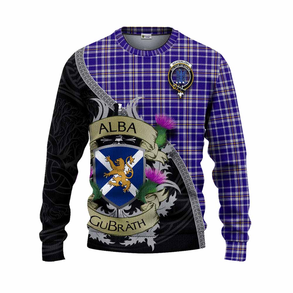 Ochterlony Tartan Family Crest Knitted Sweater Lion Rampant Royal Thistle Shield Celtic Inspired Unisex - Tartan Vibes Clothing