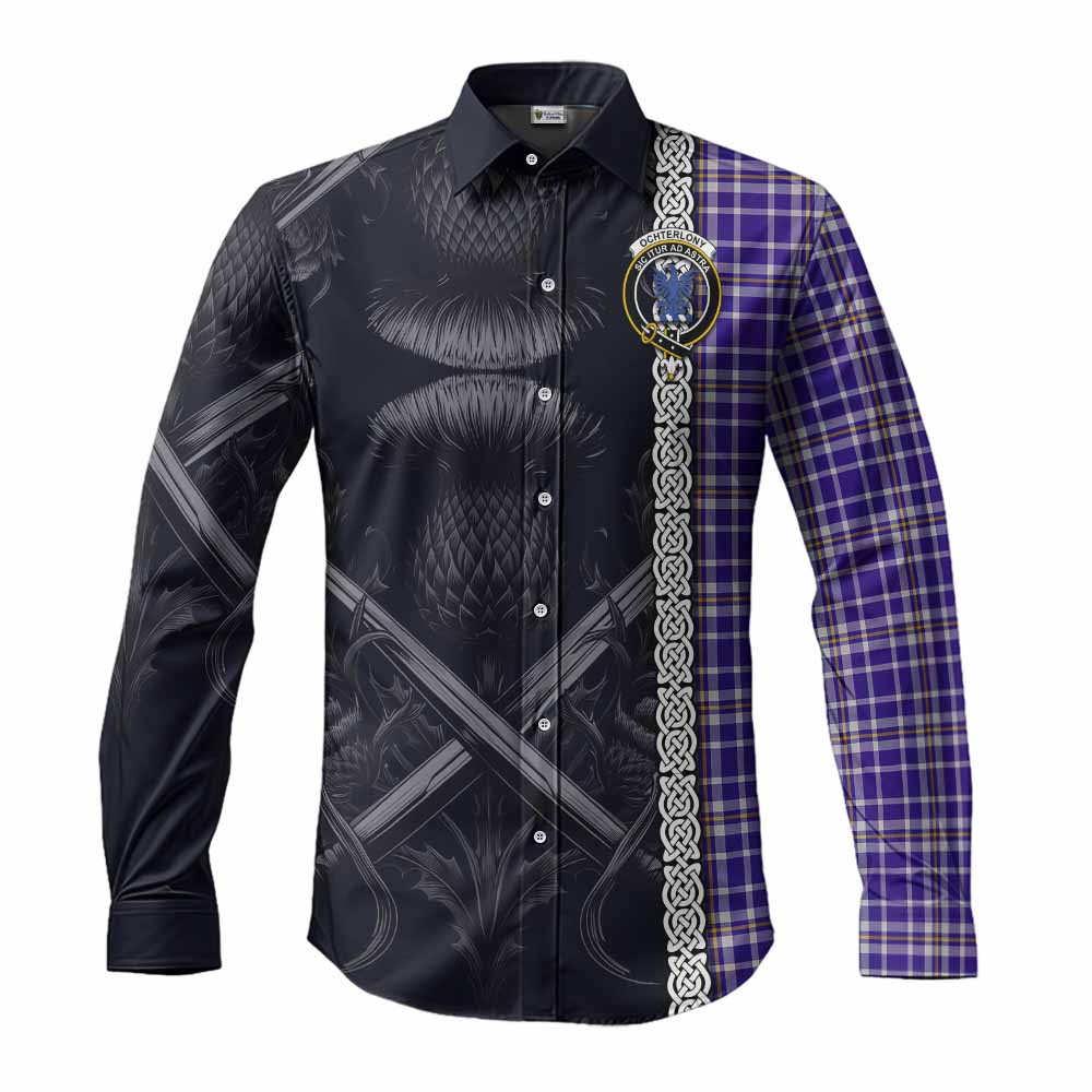 Tartan Vibes Clothing Ochterlony Tartan Long Sleeve Button Shirt with Family Crest Cross Sword Thistle Celtic Vibes