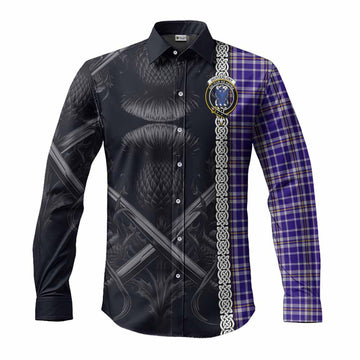 Tartan Vibes Clothing Ochterlony Tartan Long Sleeve Button Shirt with Family Crest Cross Sword Thistle Celtic Vibes