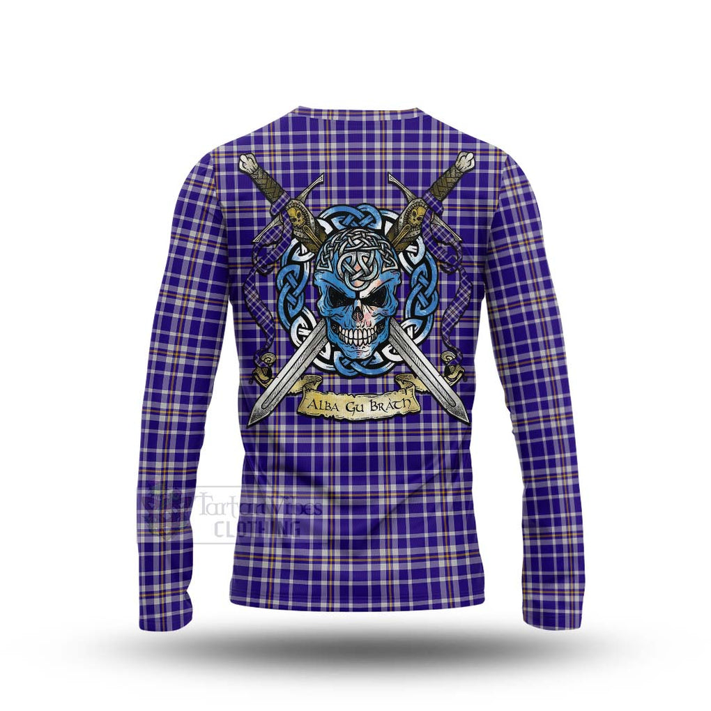 Ochterlony Tartan Long Sleeve T-Shirt with Family Crest Celtic Skull Style - Tartan Vibes Clothing