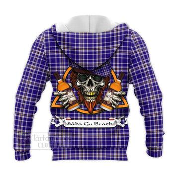 Ochterlony Tartan Knitted Hoodie with Family Crest and Bearded Skull Holding Bottles of Whiskey - Tartan Vibes Clothing