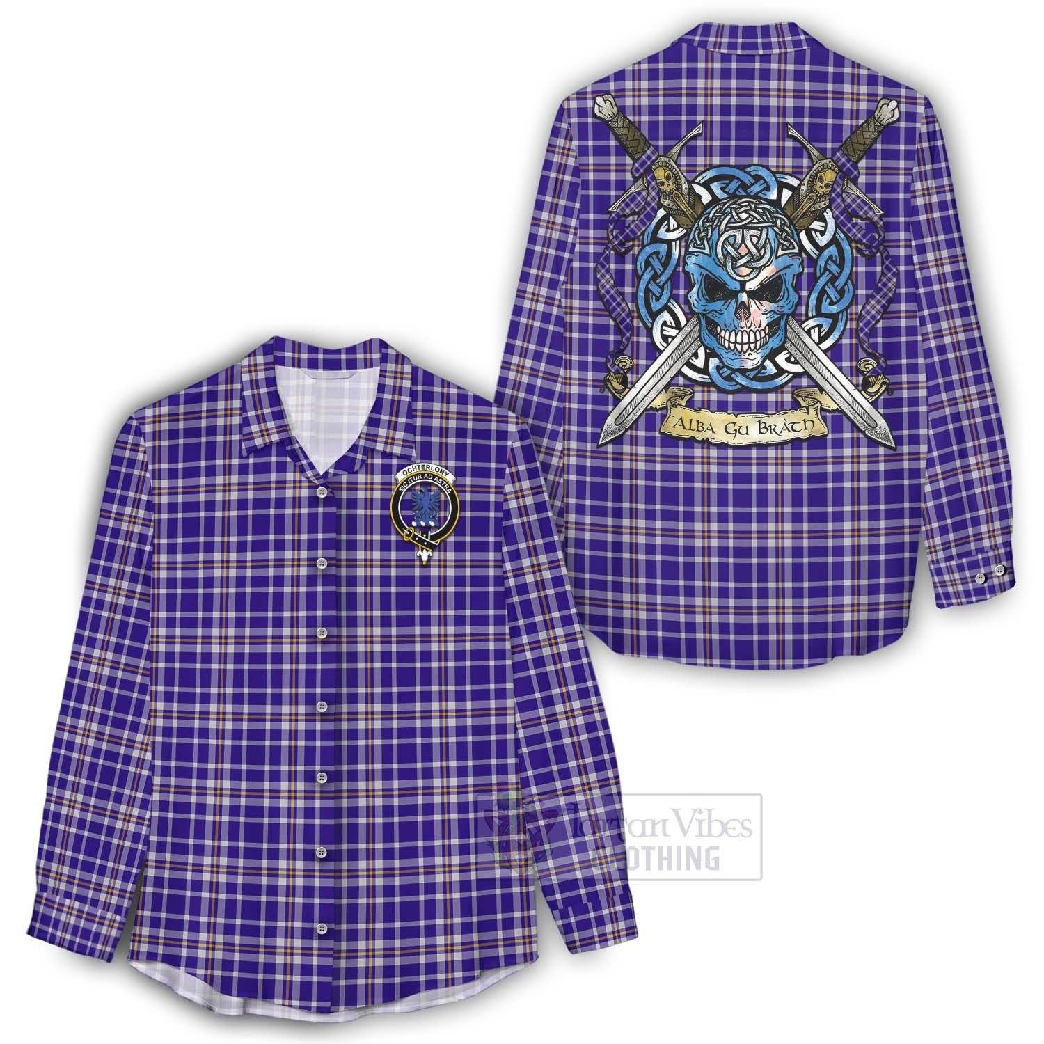Ochterlony Tartan Women's Casual Shirt with Family Crest Celtic Skull Style - Tartan Vibes Clothing