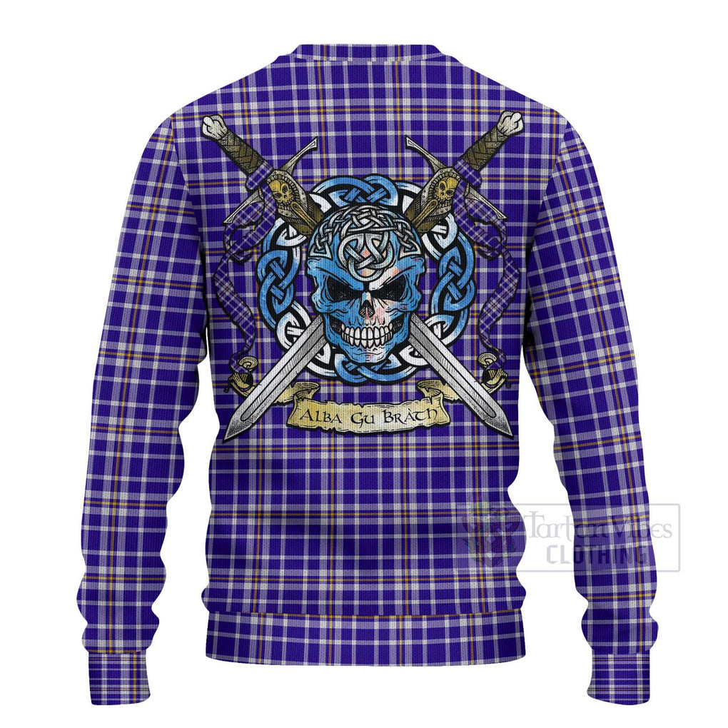 Ochterlony Tartan Ugly Sweater with Family Crest Celtic Skull Style - Tartan Vibes Clothing