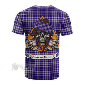 Ochterlony Tartan Cotton T-shirt with Family Crest and Bearded Skull Holding Bottles of Whiskey