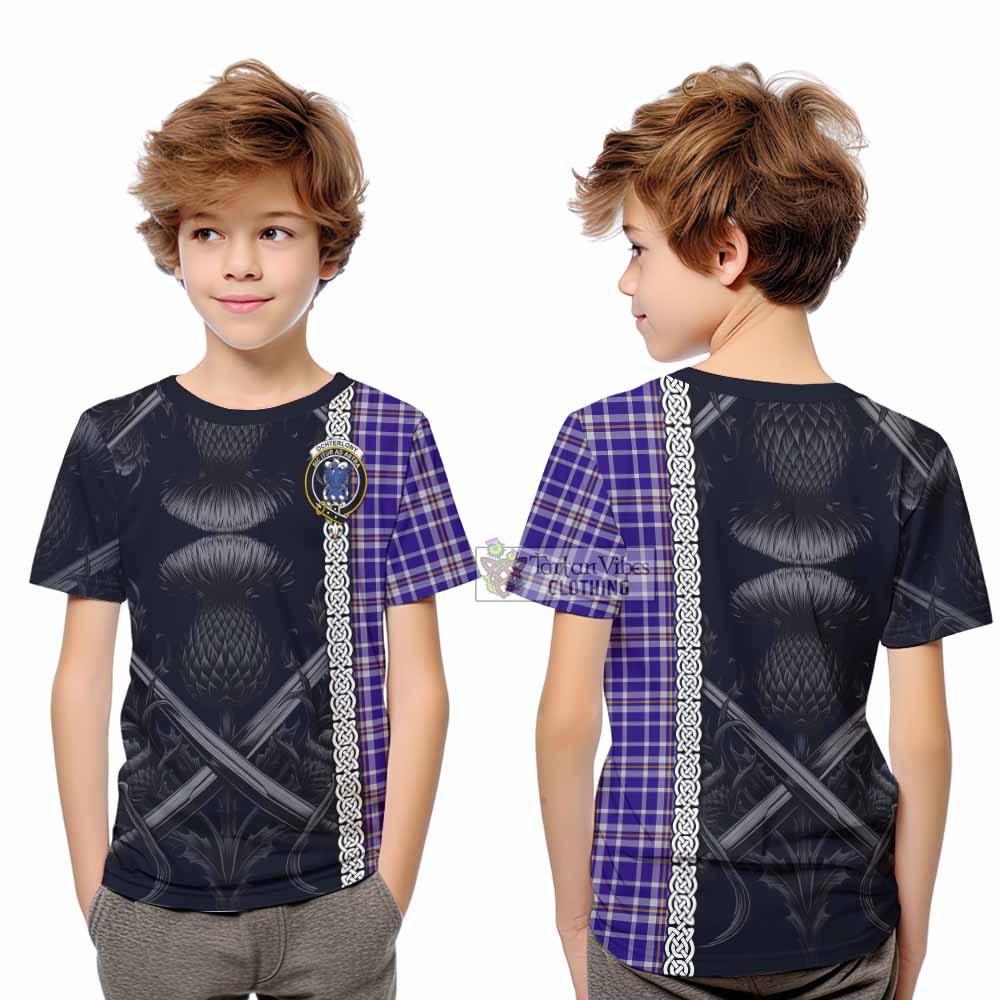 Ochterlony Tartan Kid T-Shirt with Family Crest Cross Sword Thistle Celtic Vibes - Tartan Vibes Clothing