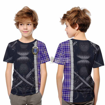 Ochterlony Tartan Kid T-Shirt with Family Crest Cross Sword Thistle Celtic Vibes - Tartan Vibes Clothing
