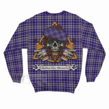 Ochterlony Tartan Sweatshirt with Family Crest and Bearded Skull Holding Bottles of Whiskey - Tartan Vibes Clothing