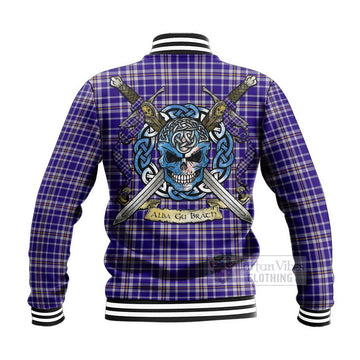 Ochterlony Tartan Baseball Jacket with Family Crest Celtic Skull Style - Tartan Vibes Clothing