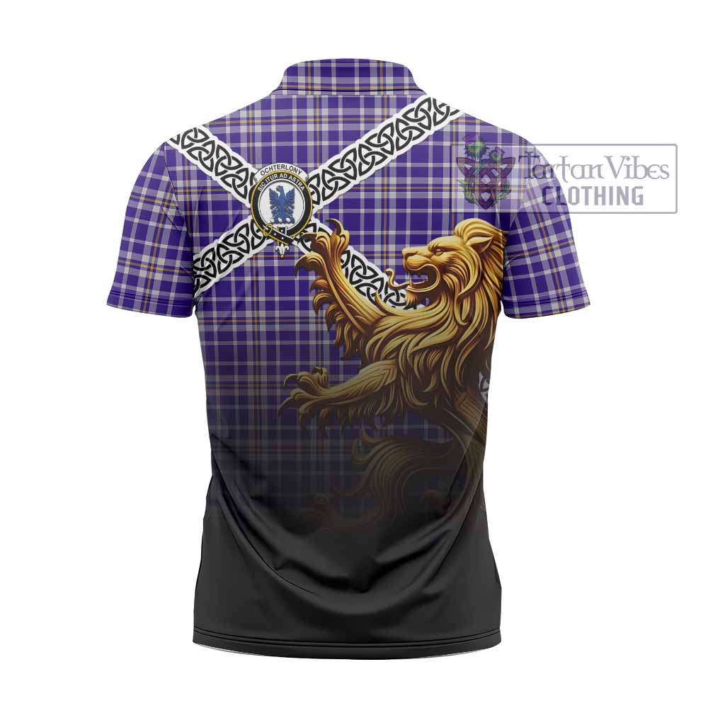 Ochterlony Crest Tartan Zipper Polo Shirt with Golden Lion Emblem Celtic Style - Tartan Vibes Clothing