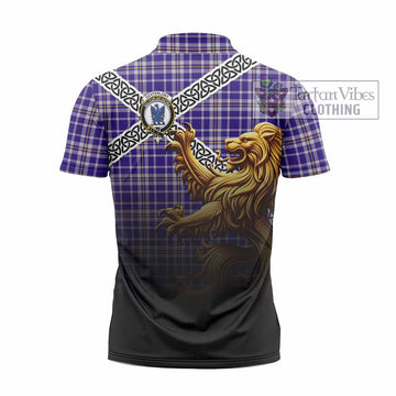 Ochterlony Crest Tartan Zipper Polo Shirt with Golden Lion Emblem Celtic Style - Tartan Vibes Clothing