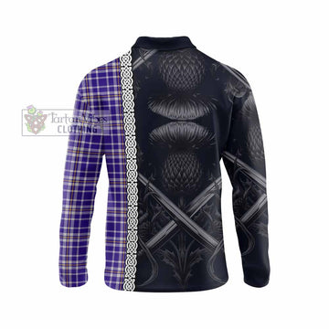 Ochterlony Tartan Long Sleeve Polo Shirt with Family Crest Cross Sword Thistle Celtic Vibes - Tartan Vibes Clothing