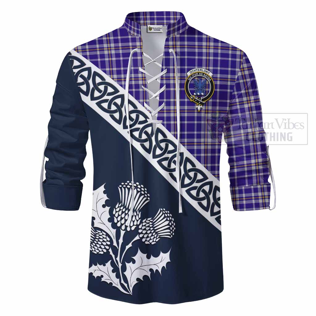 Ochterlony Tartan Ghillie Kilt Shirt Featuring Thistle and Scotland Map - Tartan Vibes Clothing
