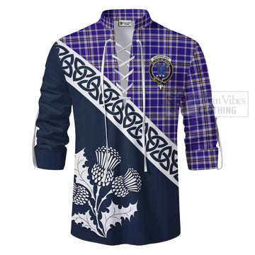 Ochterlony Tartan Ghillie Kilt Shirt Featuring Thistle and Scotland Map - Tartan Vibes Clothing