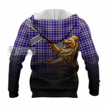 Tartan Vibes Clothing Ochterlony Crest Tartan Knitted Hoodie with Golden Lion Emblem Celtic Style