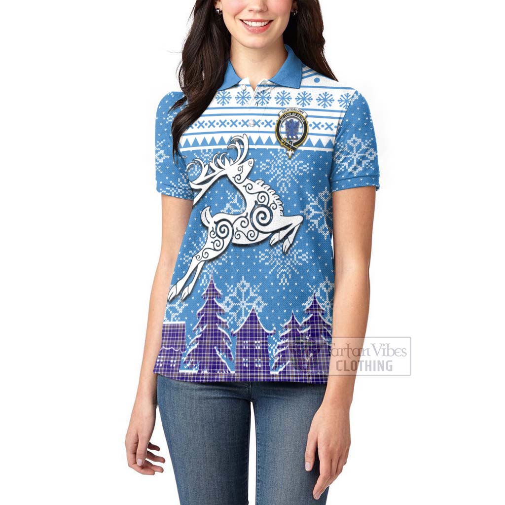 Ochterlony Clan Christmas Women's Polo Shirt Celtic Reindeer Style - Tartan Vibes Clothing