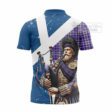 Ochterlony Tartan Zipper Polo Shirt with Family Crest Scottish Bagpiper Vibes - Tartan Vibes Clothing