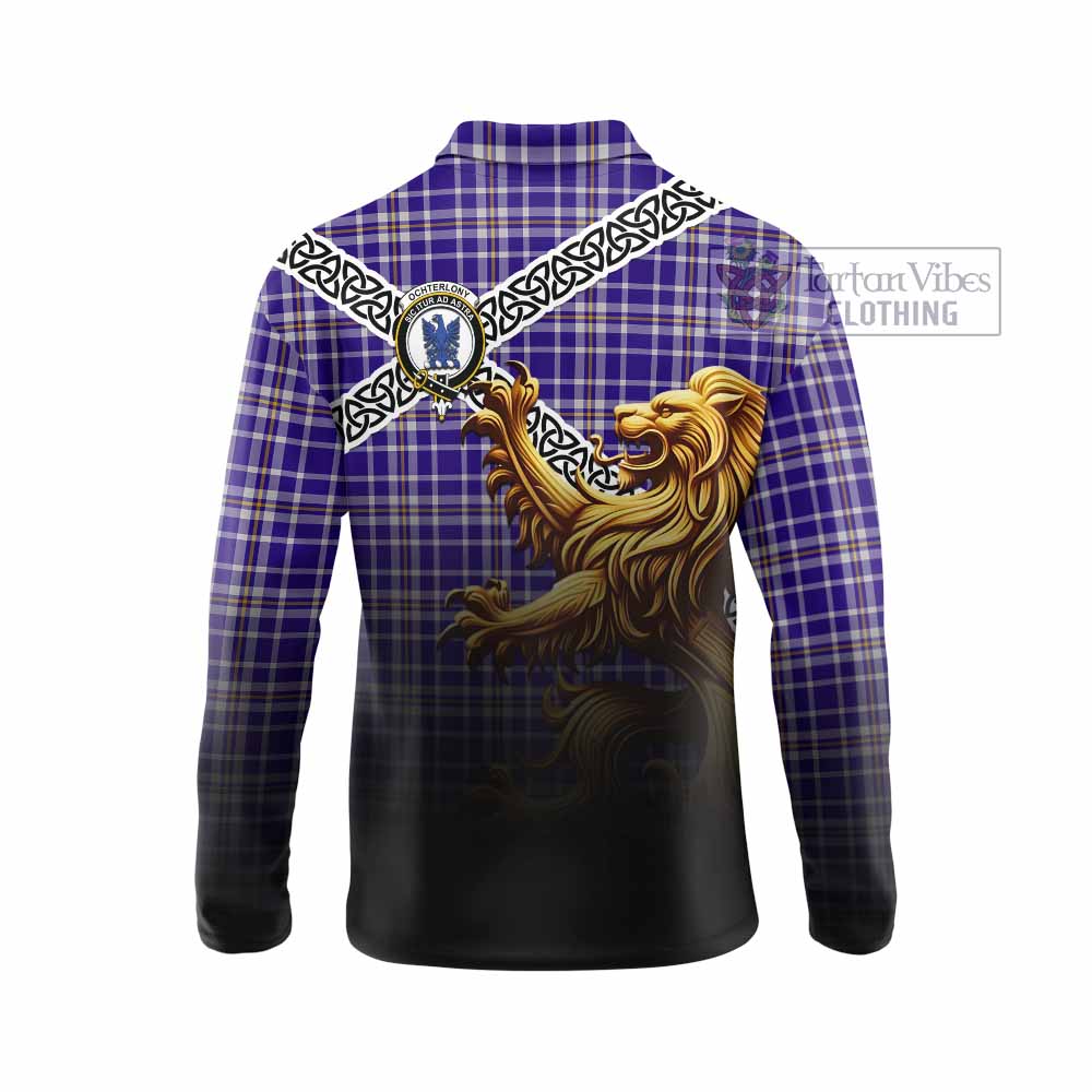 Ochterlony Crest Tartan Long Sleeve Polo Shirt with Golden Lion Emblem Celtic Style - Tartan Vibes Clothing