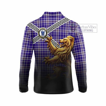 Ochterlony Crest Tartan Long Sleeve Polo Shirt with Golden Lion Emblem Celtic Style - Tartan Vibes Clothing