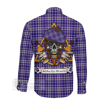 Ochterlony Tartan Long Sleeve Button Shirt with Family Crest and Bearded Skull Holding Bottles of Whiskey Men's Shirt - Tartan Vibes Clothing