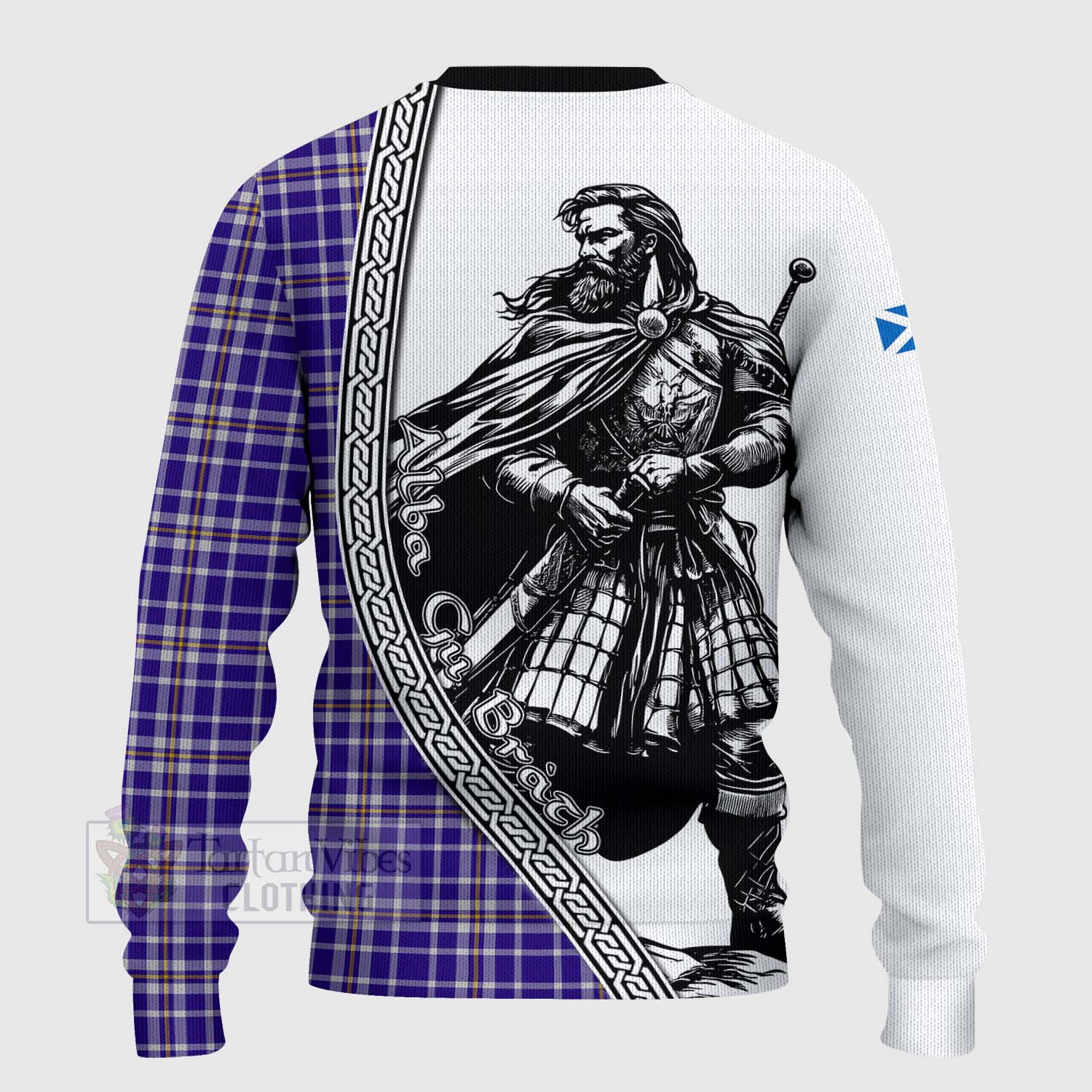 Ochterlony Tartan Clan Crest Knitted Sweater with Highlander Warrior Celtic Style - Tartan Vibes Clothing