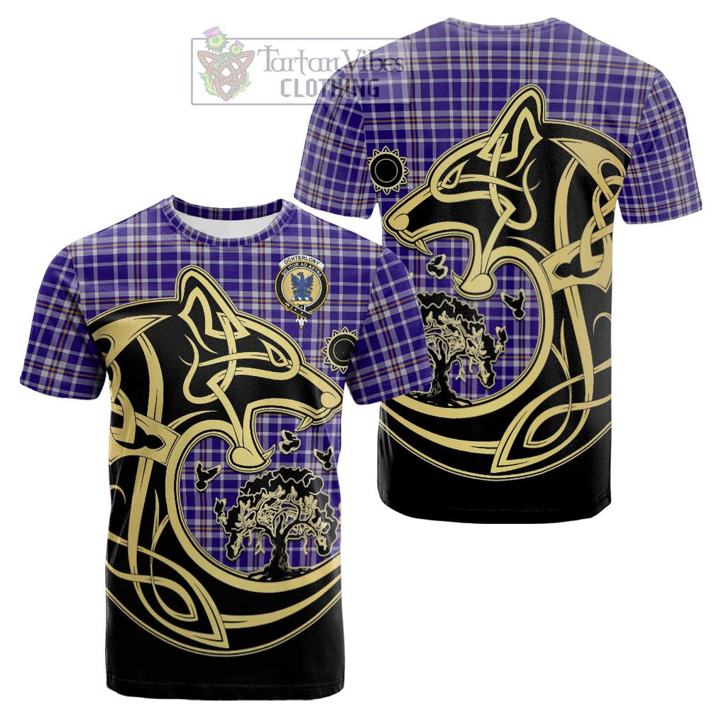 Tartan Vibes Clothing Ochterlony Tartan Cotton T-shirt with Family Crest Celtic Wolf Style