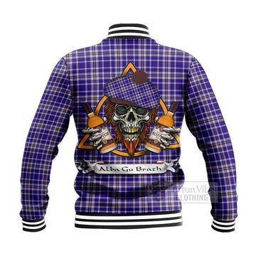 Ochterlony Tartan Baseball Jacket with Family Crest and Bearded Skull Holding Bottles of Whiskey - Tartan Vibes Clothing