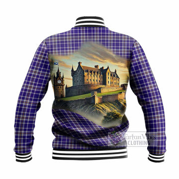 Ochterlony Tartan Family Crest Baseball Jacket with Scottish Ancient Castle Style - Tartan Vibes Clothing
