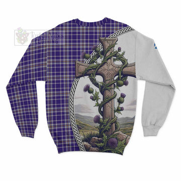 Ochterlony Tartan Sweatshirt with Family Crest and St. Andrew's Cross Accented by Thistle Vines