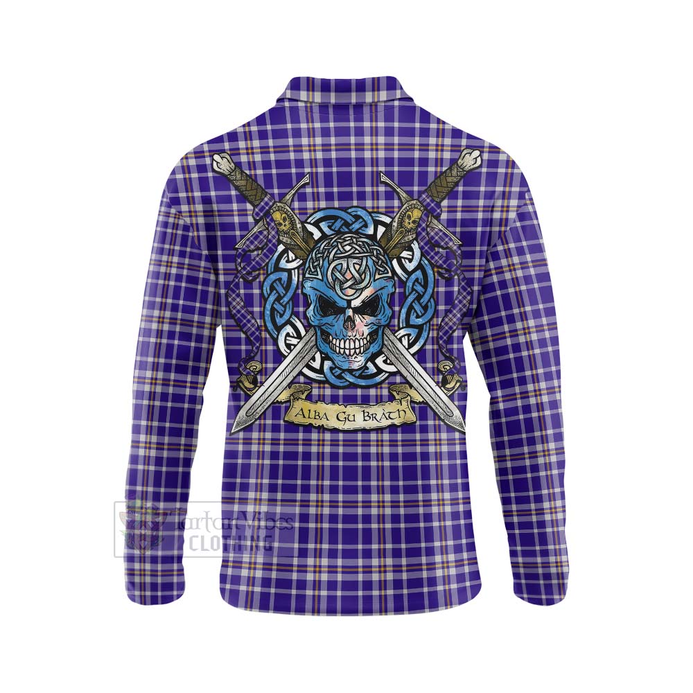 Ochterlony Tartan Long Sleeve Polo Shirt with Family Crest Celtic Skull Style - Tartan Vibes Clothing