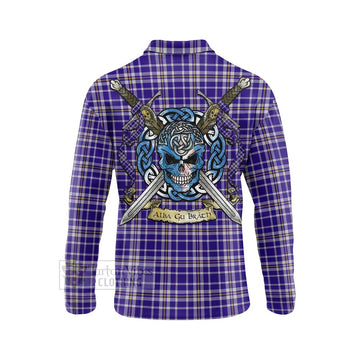Ochterlony Tartan Long Sleeve Polo Shirt with Family Crest Celtic Skull Style - Tartan Vibes Clothing