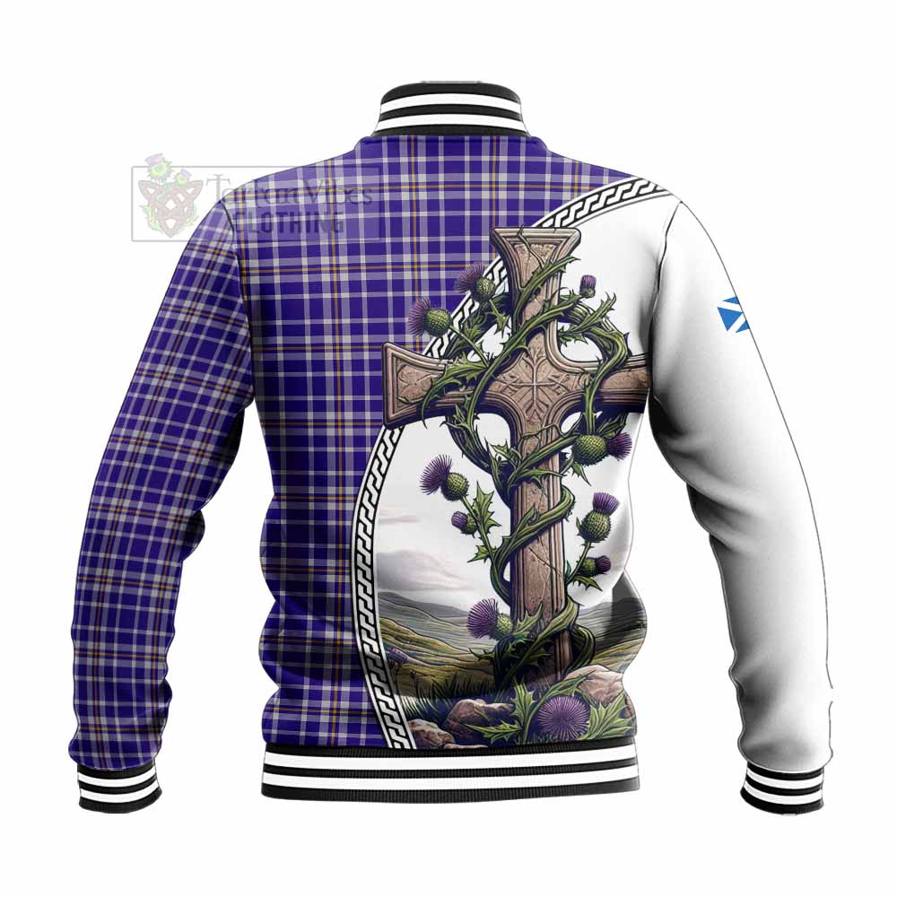 Ochterlony Tartan Baseball Jacket with Family Crest and St. Andrew's Cross Accented by Thistle Vines - Tartan Vibes Clothing