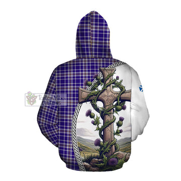 Ochterlony Tartan Cotton Hoodie with Family Crest and St. Andrew's Cross Accented by Thistle Vines