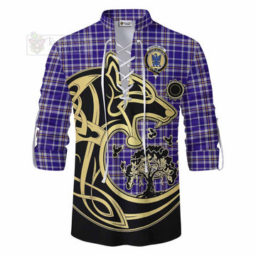 Ochterlony Tartan Ghillie Kilt Shirt with Family Crest Celtic Wolf Style - Tartan Vibes Clothing
