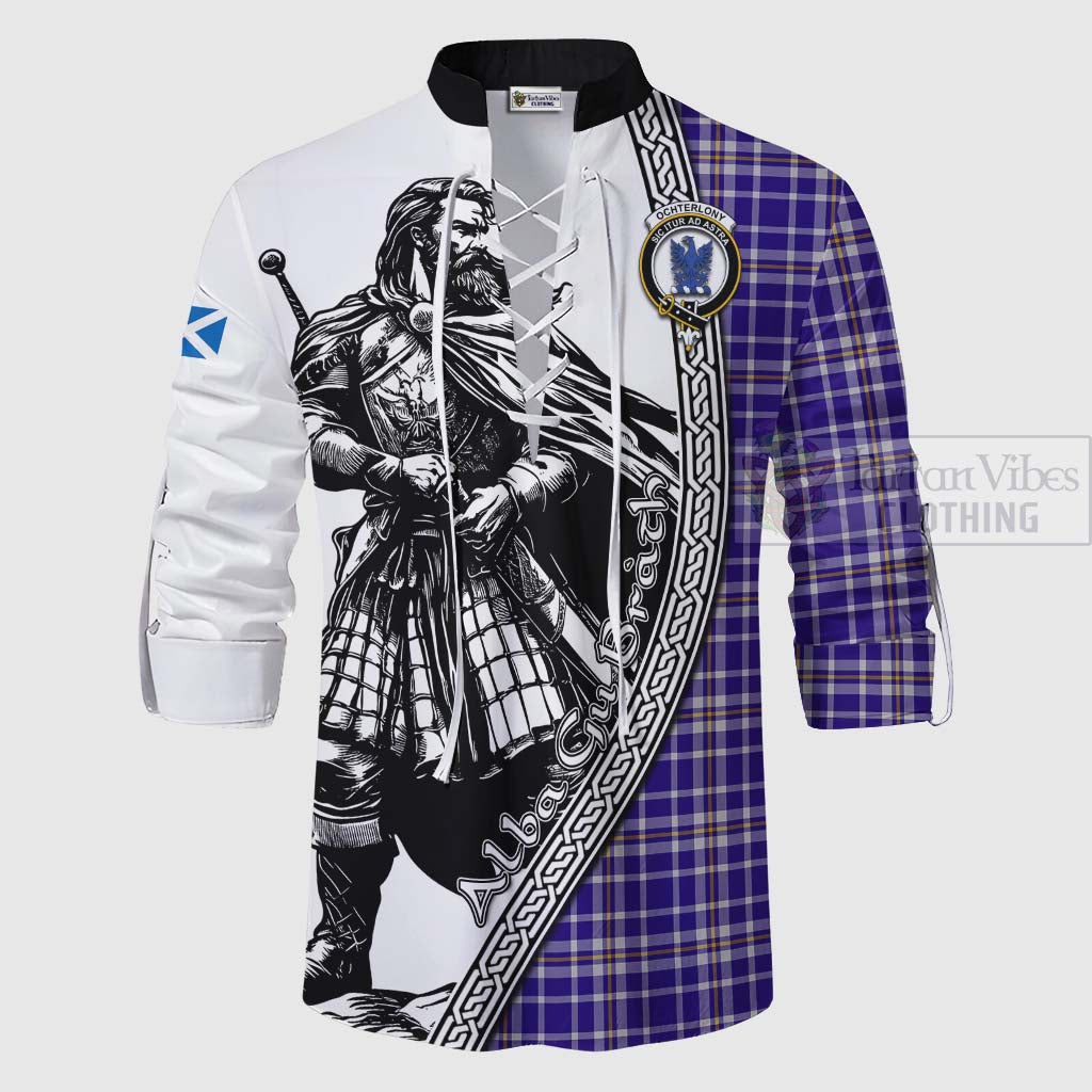 Ochterlony Tartan Clan Crest Ghillie Kilt Shirt with Highlander Warrior Celtic Style - Tartan Vibes Clothing