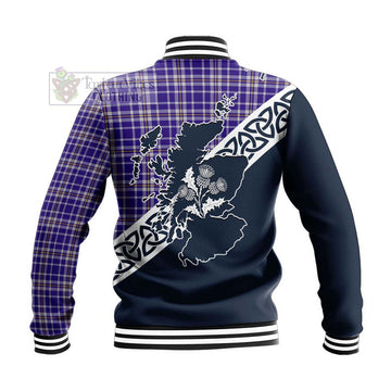 Ochterlony Tartan Baseball Jacket Featuring Thistle and Scotland Map - Tartan Vibes Clothing