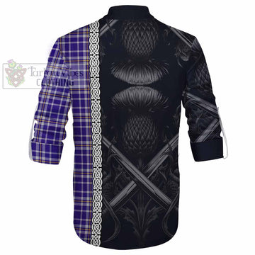 Ochterlony Tartan Ghillie Kilt Shirt with Family Crest Cross Sword Thistle Celtic Vibes - Tartan Vibes Clothing