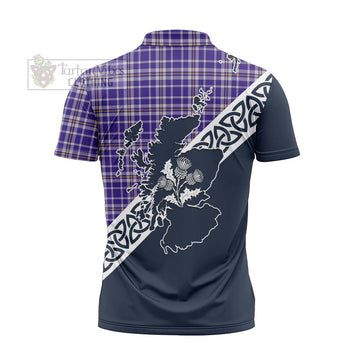 Ochterlony Tartan Zipper Polo Shirt Featuring Thistle and Scotland Map - Tartanvibesclothing Store