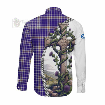 Ochterlony Tartan Long Sleeve Button Shirt with Family Crest and St. Andrew's Cross Accented by Thistle Vines Men's Shirt - Tartan Vibes Clothing