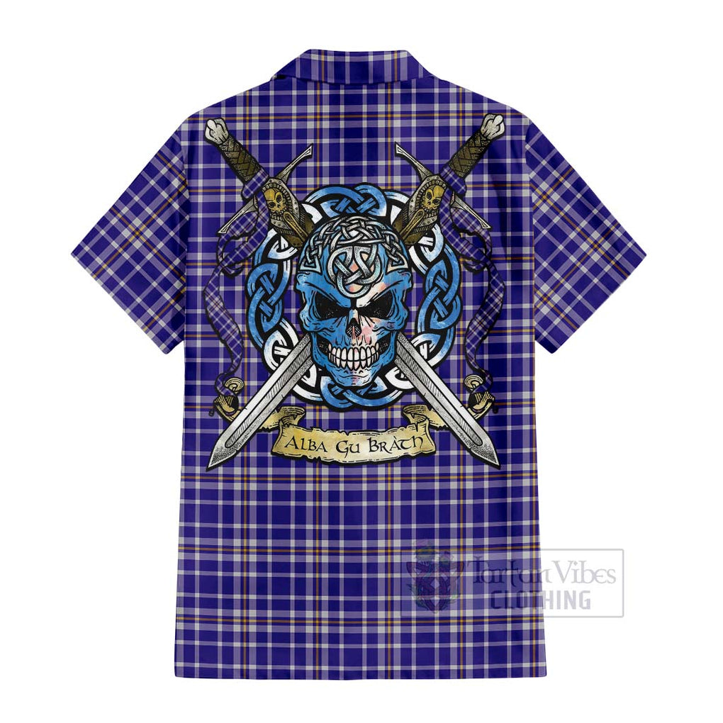 Ochterlony Tartan Hawaiian Shirt with Family Crest Celtic Skull Style - Tartan Vibes Clothing