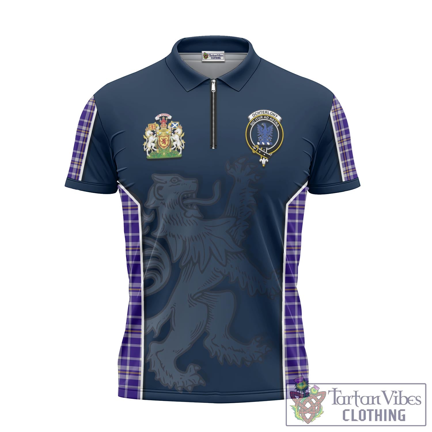 Tartan Vibes Clothing Ochterlony Tartan Zipper Polo Shirt with Family Crest and Lion Rampant Vibes Sport Style