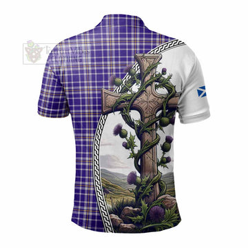 Ochterlony Tartan Polo Shirt with Family Crest and St. Andrew's Cross Accented by Thistle Vines - Tartan Vibes Clothing