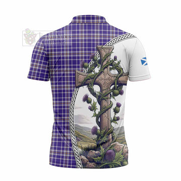 Ochterlony Tartan Zipper Polo Shirt with Family Crest and St. Andrew's Cross Accented by Thistle Vines - Tartan Vibes Clothing