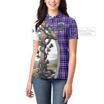 Ochterlony Tartan Women's Polo Shirt with Family Crest and St. Andrew's Cross Accented by Thistle Vines - Tartan Vibes Clothing