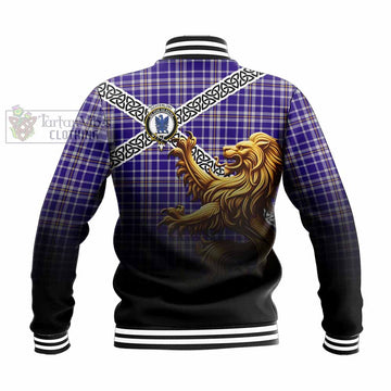Tartan Vibes Clothing Ochterlony Crest Tartan Baseball Jacket with Golden Lion Emblem Celtic Style