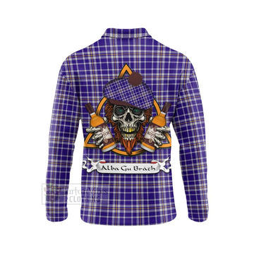 Ochterlony Tartan Long Sleeve Polo Shirt with Family Crest and Bearded Skull Holding Bottles of Whiskey - Tartan Vibes Clothing