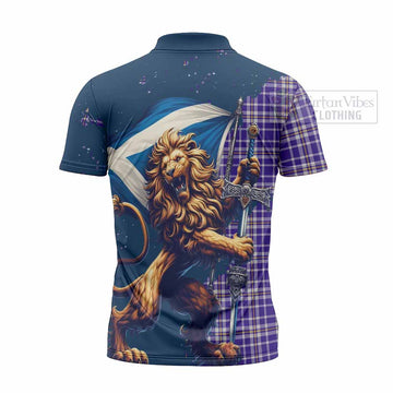 Ochterlony Tartan Family Crest Zipper Polo Shirt with Scottish Majestic Lion - Tartan Vibes Clothing