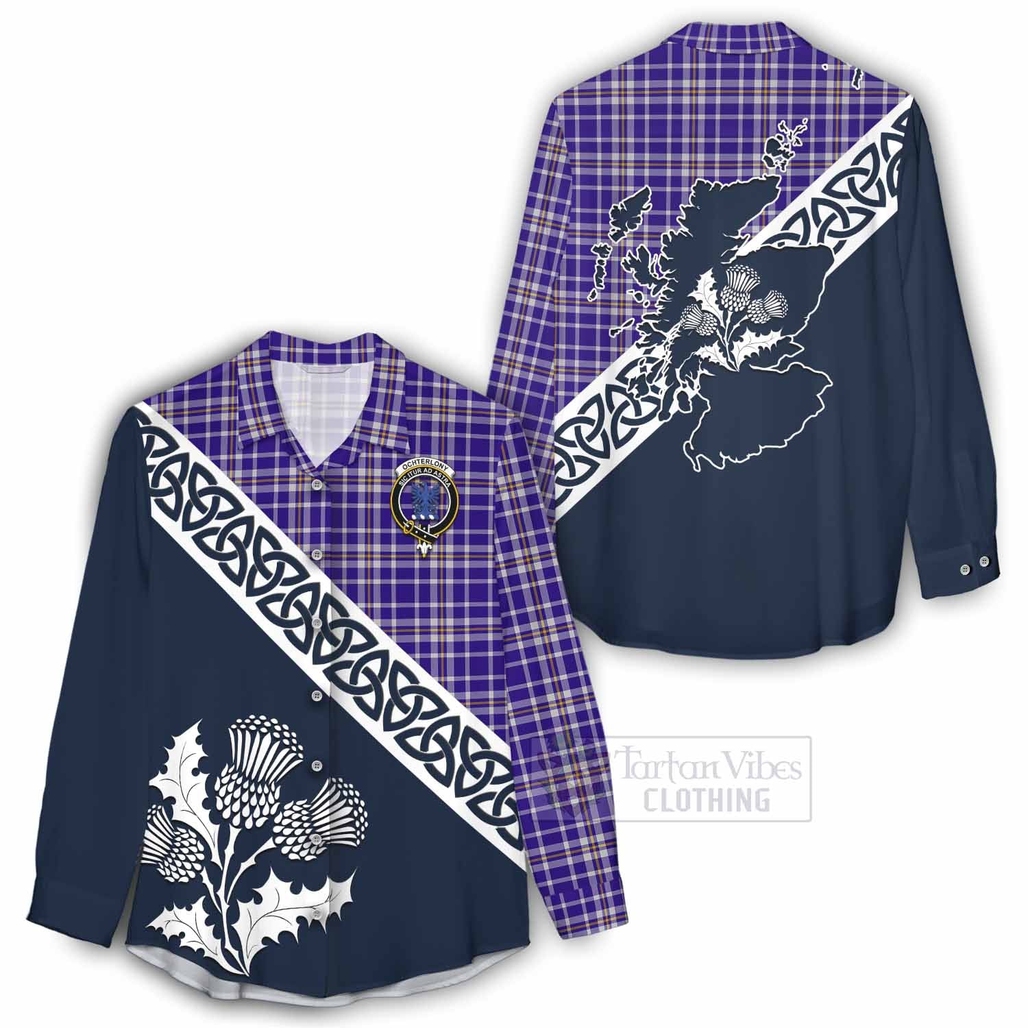 Ochterlony Tartan Women's Casual Shirt Featuring Thistle and Scotland Map - Tartan Vibes Clothing